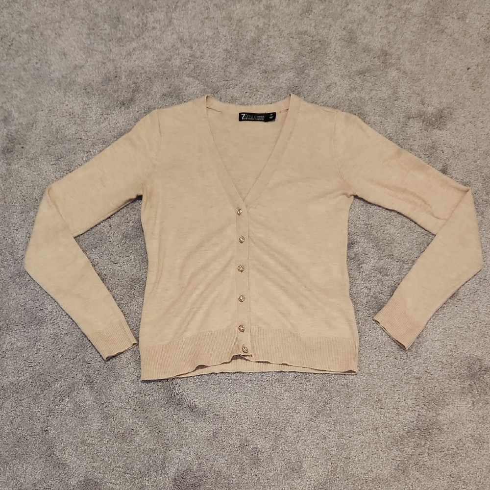 New York And Company Oatmeal Heather Jeweled Button V-Neck Cardigan Size XS